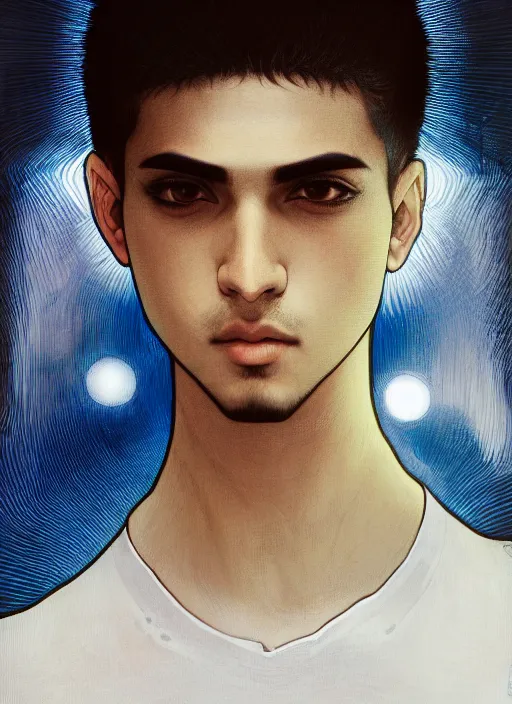 Image similar to beautiful medium shot portrait of a young arabic man inspired by ayami kojima with short hair dressed with a white t - shirt looking into the camera from three - quarters, white background white bank studio light, art by yoshitaka amano, alfons mucha, final fantasy, high quality, 8 k