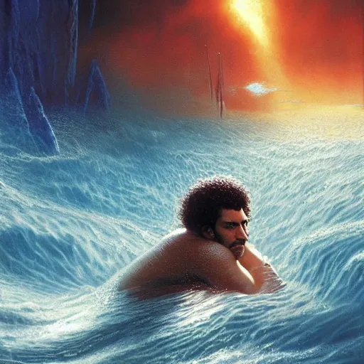 Image similar to a curly - haired persian guy swimming in the latent space by david a hardy, noriyoshi ohrai, gary ruddell, greg rutkowski highly detailed, cinematic composition, trending on artstation