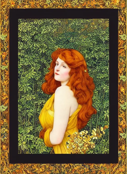 Image similar to masterpiece beautiful flowing curves pin up pose preraphaelite portrait photography, extreme closeup shot, straight bangs, thick set features, yellow ochre ornate medieval dress, amongst foliage mushroom forest arch, circle, william morris and kilian eng and mucha, framed, 4 k