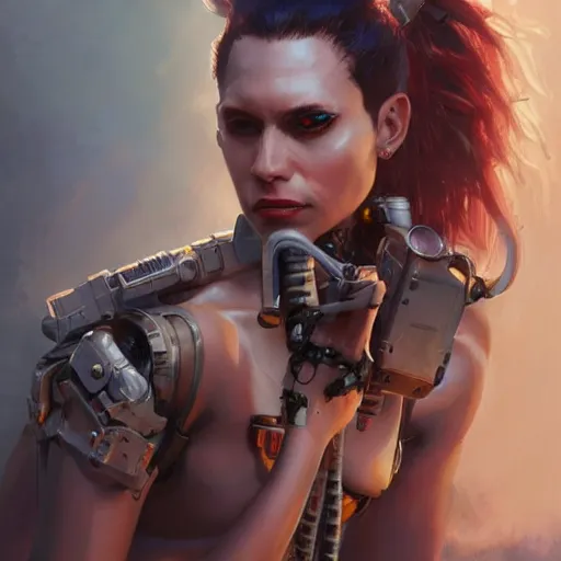 Image similar to tank girl, highly detailed, half human / cyborg, power implants, full body transmogrify, beautiful, mesmerising, look of desire, loving stare, digital painting, trending on artstation, concept art, 4 k, sharp focus, illustration, art by greg rutkowski and magali villeneuve