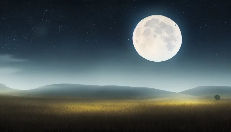 Image similar to a beautiful landscape at night, big moon on the right, stars in the sky, matte painting, dark blue tones, concept art, 4 k