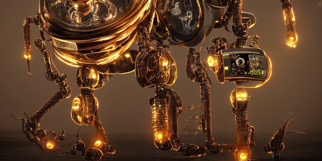 Image similar to nixie tube robot with robot spider legs, ornate, hyper realism, reflections, intricate, realistic, digital art, detailed, studio shot, unreal engine 5, octane, high definition, artstation, concept art, behance