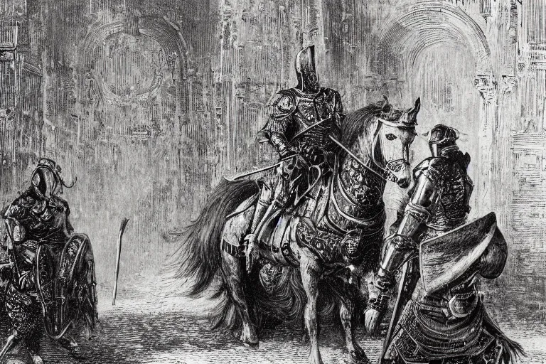 Prompt: highly detailed picture of the knight emerges from the open page of the book, don quixote comes out of an open old book on the table, symmetrical face, cinematic romantic magical, masterpiece, from the book by gene wolfe, highly detailed painting by gustave dore