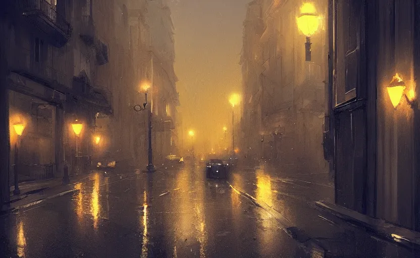 Image similar to Madrid city streets at night, Greg Rutkowski, digital art, artstation