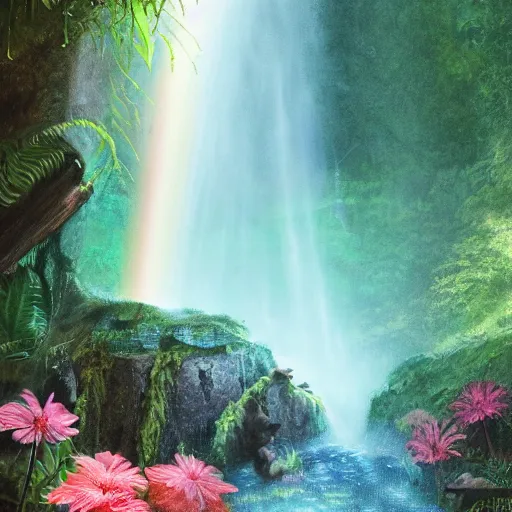 Prompt: an hidden waterfall, beautiful, atmosphere, vibe, mist, rainbow, wet, puddles, fern, flowers, concept art illustration, color page, tone mapping, akihiko yoshida, james jean, andrei riabovitchev, marc simonetti, digital illustration, greg rutowski, volumetric lighting, sunbeams, particles