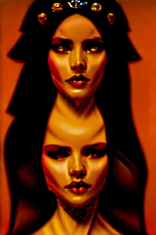 Image similar to Portrait of historically accurate, ancient biblical, sultry, sneering, evil, pagan, wicked, young queen jezebel, wearing gilded red robes, long black hair, intricate, elegant, highly detailed, digital painting, artstation, concept art, smooth, sharp focus, illustration, art by artgerm and greg rutkowski and alphonse mucha and andrei riabovitchev