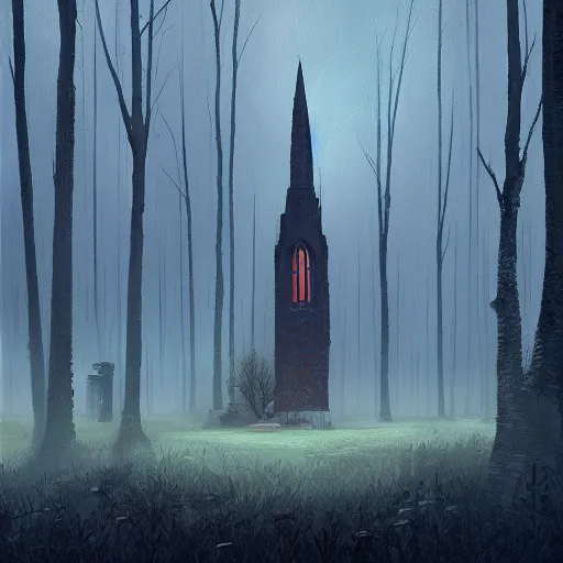 Image similar to monumental old ruins, church, tower of a dark misty forest, overcast, sci - fi digital painting by simon stalenhag