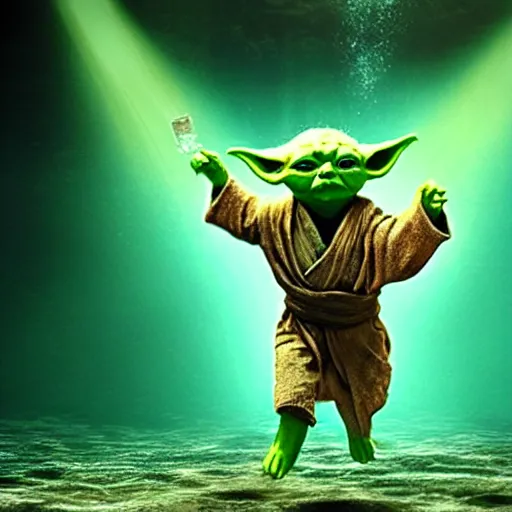 Image similar to stunning awe inspiring yoda swimming under water towards a dollar bill, movie still 8 k hdr atmospheric lighting