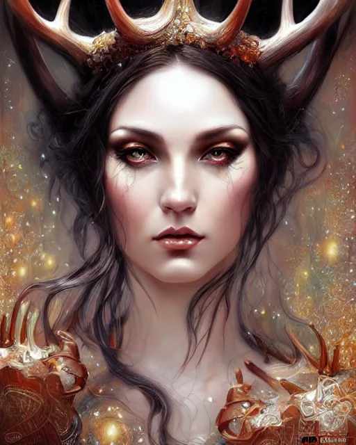 Image similar to a female sorceress with antlers by karol bak and vargas, beautiful detailed eyes, cute, fantasy, intricate, elegant, highly detailed, digital painting, 4 k, hdr, concept art, detailed jewelry, smooth, sharp focus, illustration, art by artgerm