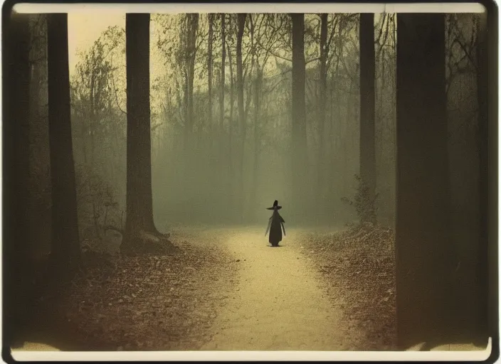 Image similar to medium shot, a plague doctor walks towards a house, woods, horror, night, polaroid photo, vintage, neutral colors, by gregory crewdson,