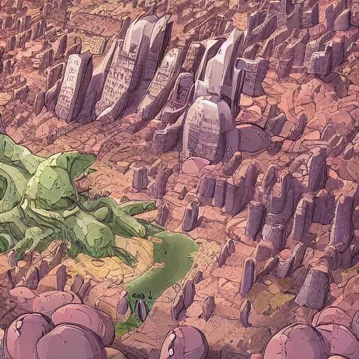 Image similar to cell shaded adult animation, a birds eye view overlooking a walled off ancient fantasy city being attacked by horrific monsters, surrounded by mountains and trees of greens and browns, rivers, concept art by josan gonzales and wlop, Laurie Greasley, Jordan Grimmer, Beksiński and james jean, highly detailed, sharp focus, Trending on Artstation, HQ, deviantart, art by artgem