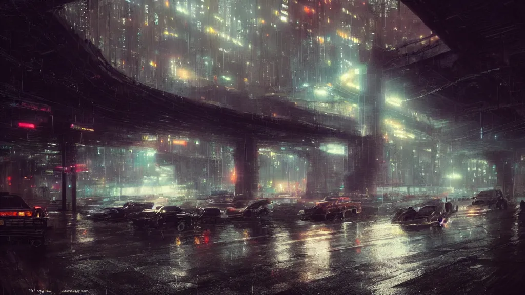 Prompt: under a city highway bridge of a cyberpunk city, rain, night, mist, flying shuttles, advertising pannels, blade runner, rays of light, james gurney, greg rutkowski, unreal engine, artstation