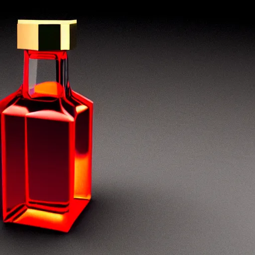 Image similar to The legendary Blood-Red Sparkling health potion in a hexagonal bottle fuming from its opening, golden lace pattern, photorealistic render