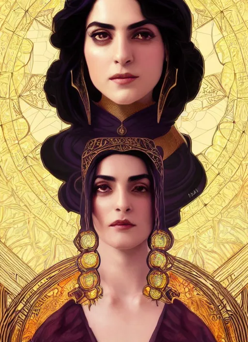 Image similar to centered portrait, Maya Ali as a D&D sorcerer, black hair, intricate robes, Art Nouveau, beautiful retro Fantasy heroine 1985, intricate, elegant, highly detailed, centered, digital painting, trending on artstation, concept art, smooth, sharp focus, illustration, art by raphael lacoste, eddie mendoza, Mucha, alex ross, WLOP