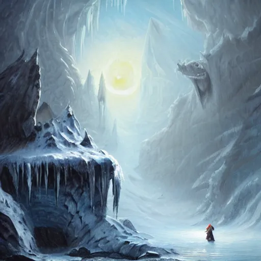 Image similar to A highly detailed oil painting in the style of Greg Rutkowski and Afremov of a very deep, very very dark cave with a huge frozen lake in the middle of it and an Ancient Ice dragon sleeping near a very big treasure pile, in the middle of a blizzard.