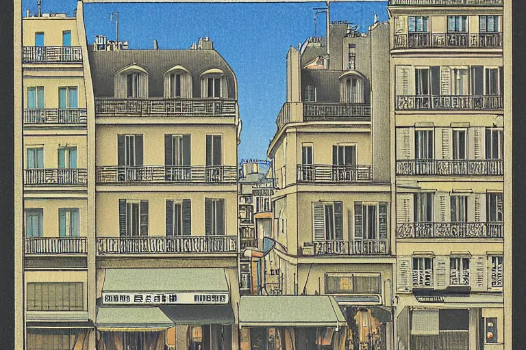 Image similar to paris scenery by hasui kawase, bottom view