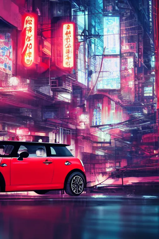 Prompt: Red Mini Cooper S, Futuristic Asian city at night with rain, Cyberpunk style, Neon lights, Matte paiting, cinematic lighting, corona render, smoke, light rays, 8k