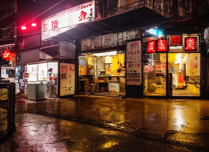 Image similar to exterior of an open cyberpunk ramen place during a rainy night