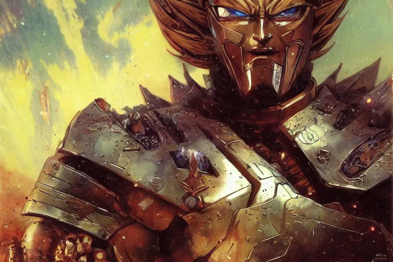 Image similar to portrait of prince vegeta in a battle damaged armor on planet namek. art by gaston bussiere.