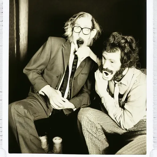 Image similar to a black and white polaroid photo of dudes in love, by robert crumb, by jim henson, by gary baseman, high contrast, soft lighting, surreal, film photography, cinematic photography