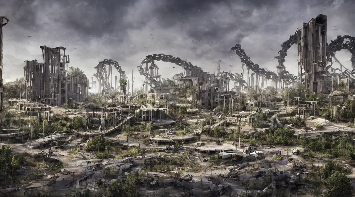 Prompt: post apocalyptic theme park, morning, building, avenue, modern contemporary urban americana concrete architecture, by ricardo bofill, apocalyptic color palette, trending on artstation, photorealistic, wilderness ambiance, ultra detailed, high definition, depth of field, bokeh, rubble, wild vegetation, blood stains, building crumbling