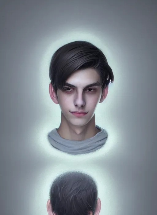 Image similar to portrait of teenage jughead jones wearing a light grey crown, photorealistic, crown, eyes closed, crown, black hair, intricate, elegant, glowing lights, highly detailed, digital painting, artstation, concept art, smooth, sharp focus, illustration, art by wlop, mars ravelo and greg rutkowski