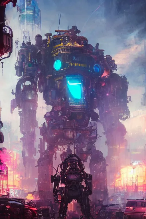 Prompt: a portrait of a giant colorful robot in the middle of a massive steampunk city by greg rutkowski, sung choi, mitchell mohrhauser, maciej kuciara, johnson ting, maxim verehin, peter konig, bloodborne, 8 k photorealistic, cinematic lighting, hd, high details, dramatic, dark atmosphere, trending on artstation