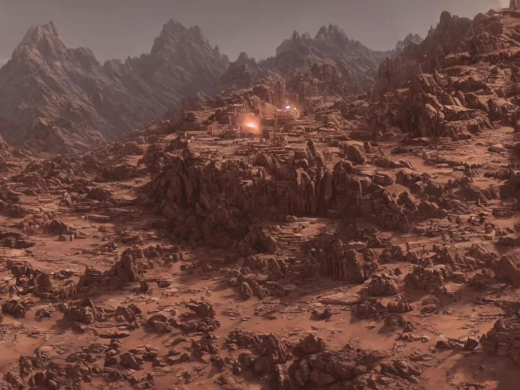 Prompt: Dharamshala!!! on Mars!!!!!, exterior wide shot, volumetric, epic, cinematic, highly detailed, intricate, by Raphael Lacoste, Eddie Mendoza, Alex Ross, Pilar Gogar, matte painting, 8K HDR