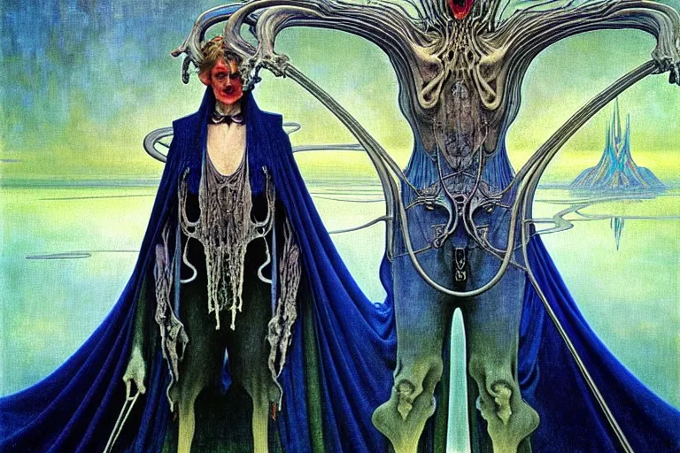 Image similar to realistic extremely detailed portrait painting of an elegantly creepy vampire man in a cape, futuristic sci-fi castle on background by Jean Delville, Amano, Yves Tanguy, Alphonse Mucha, Ernst Haeckel, Edward Robert Hughes, Roger Dean, rich moody colours, blue eyes