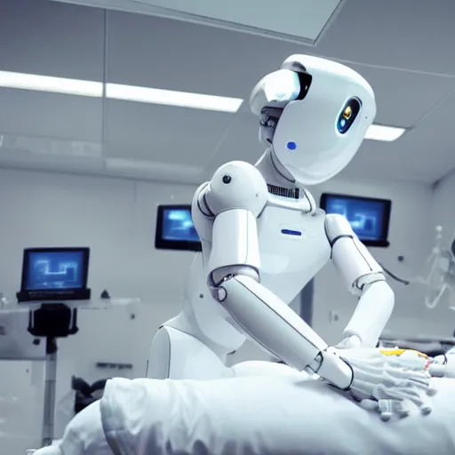 Image similar to realistic. high tech room, all white, sci fi. humanoid robot laying on operating table. female surgeon standing by