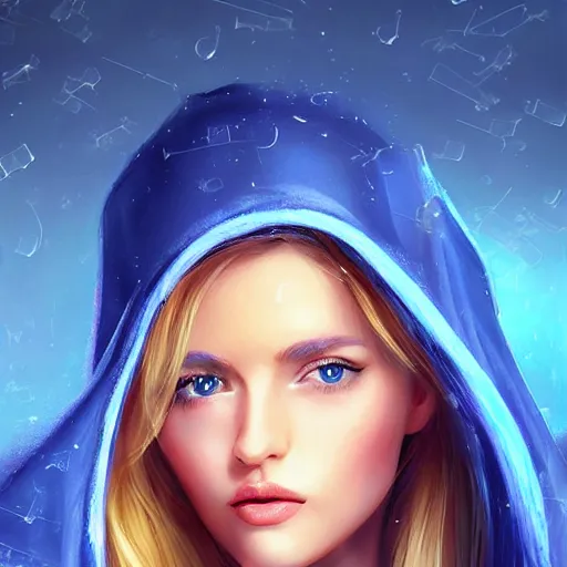 Prompt: A Character Card portrait of a beautiful young female face by Julia Razumova. She has perfect white skin like silk. She has blonde hair and stunning blue eyes. She has pretty lips and she wears a dark hood over her hair. blue crystal shards illuminated by orange fireflies as background. trending on artstation