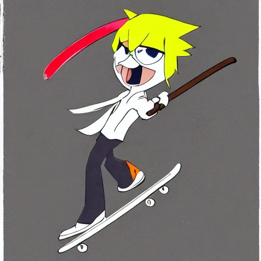 Image similar to skater character with katana in hands, cartoon stylised proportions by hiroyuki imaishi 今 石 洋 之 gainax studio trigger and yoh yoshinari animation art