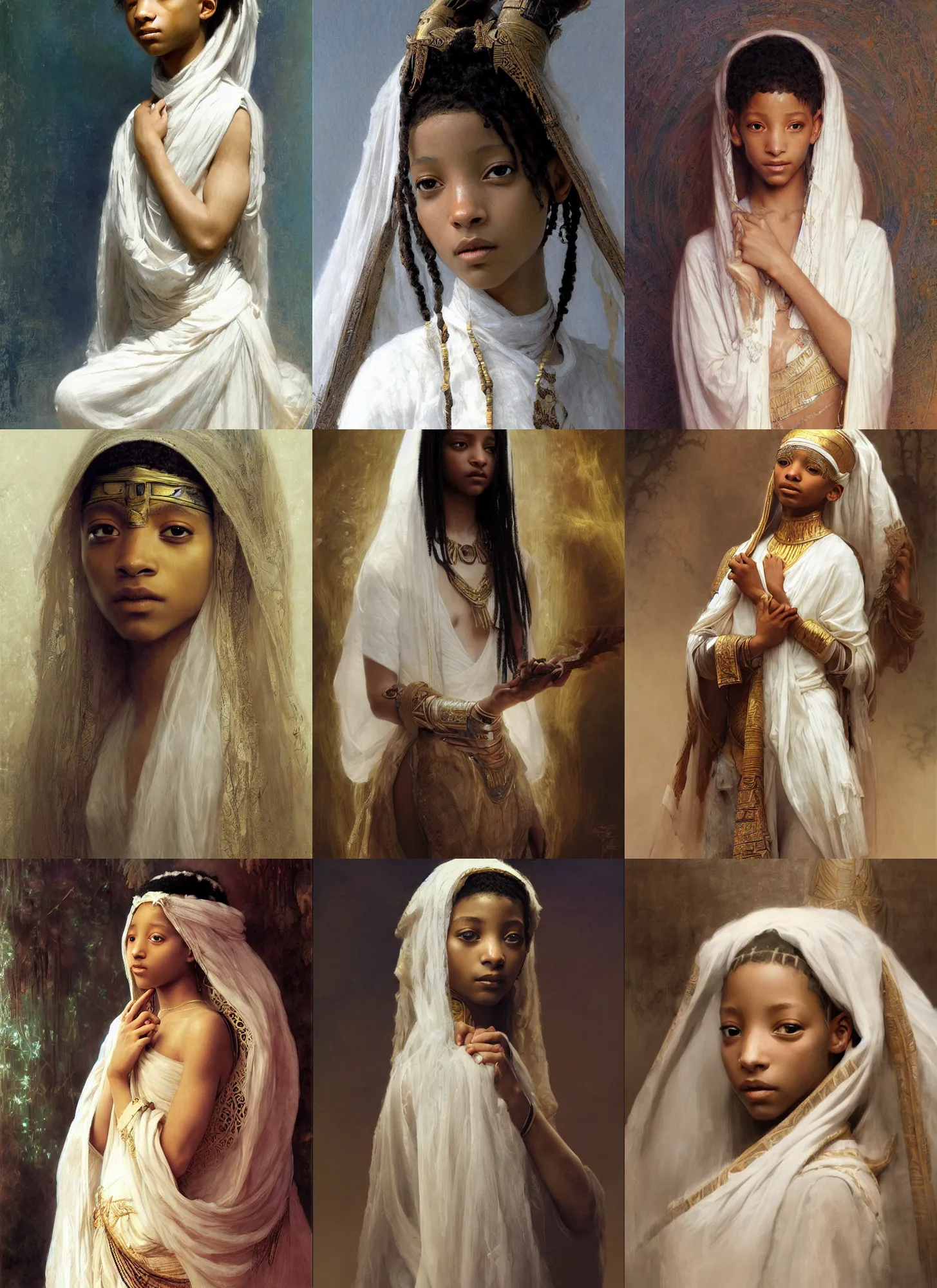 Prompt: willow smith young, ancient egyptian girl, white veil, intricate, highly detailed, artstation, digital illustration, orientalism, bouguereau, mucha, ruan jia