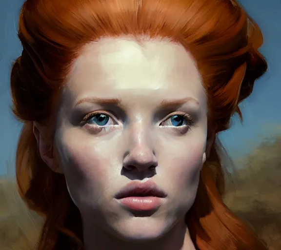 Prompt: greg manchess portrait painting of ginger beautiful princess as game of throne character, medium shot, asymmetrical, profile picture, organic painting, sunny day, matte painting, by greg rutkowski, by greg tocchini, by james gilleard, by joe fenton, dynamic lighting, gradient light blue, brown, blonde cream and white color scheme, grunge aesthetic