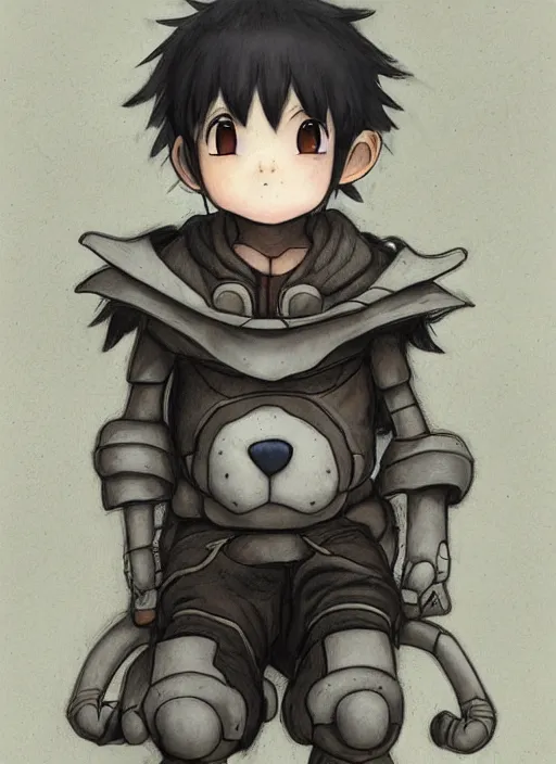 Image similar to beautiful little boy wearing an cyborg bear suit, artwork in kentaro miura and made in abyss and rosdraws, smooth, beautiful lightness, anatomically correct, trending on pixiv, forest