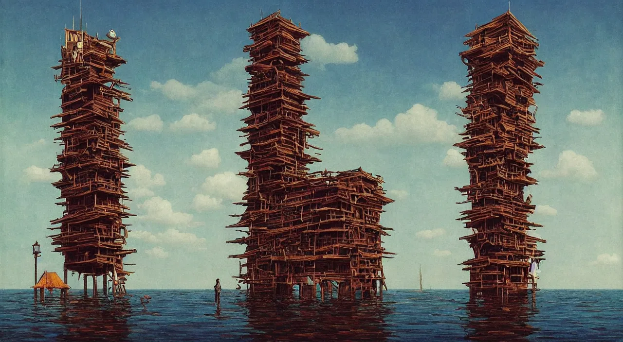 Prompt: single flooded simple crazy wooden tower, very coherent and colorful high contrast!! masterpiece by rene magritte simon stalenhag carl spitzweg syd mead norman rockwell edward hopper james gilleard, minimalist, dark shadows, sunny day, hard lighting