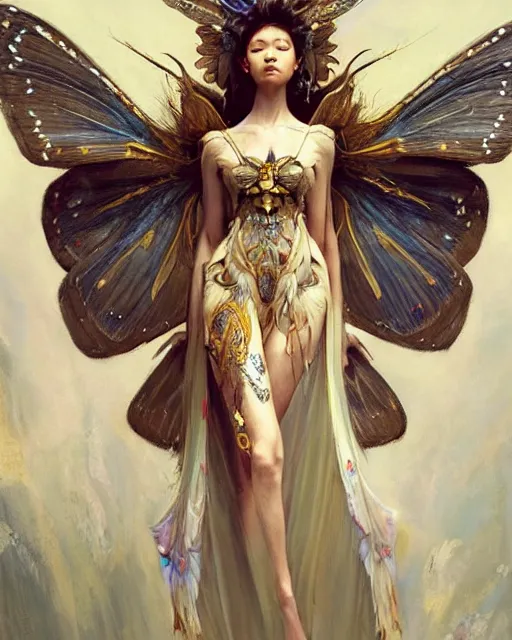 Image similar to Moth Fairy Maiden with large moth like wings wearing ornate dress by Ruan Jia and Andrei Riabovitchev, featured on Artstation, Hyperdetailed, stylized, realistic oil on linen, masterpiece, fantasy, dark academia