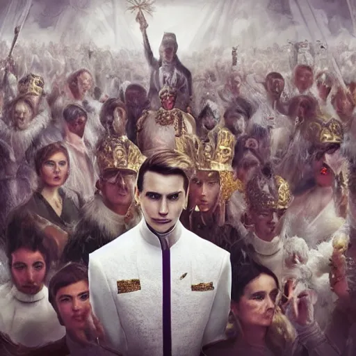 Prompt: portrait of a regal prince with sharp cheekbones, white clothes, high collar, close up, intricate details, surrounded by blurred faces of a surreal angry mob, modern digital art, matte painting, futuristic!