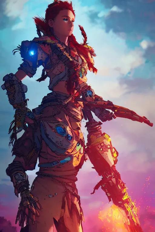 Image similar to combination suit armor aloy horizon forbidden west horizon zero dawn radiating a glowing aura global illumination ray tracing hdr fanart arstation by ian pesty and alena aenami artworks in 4 k tribal robot ninja mask helmet backpack