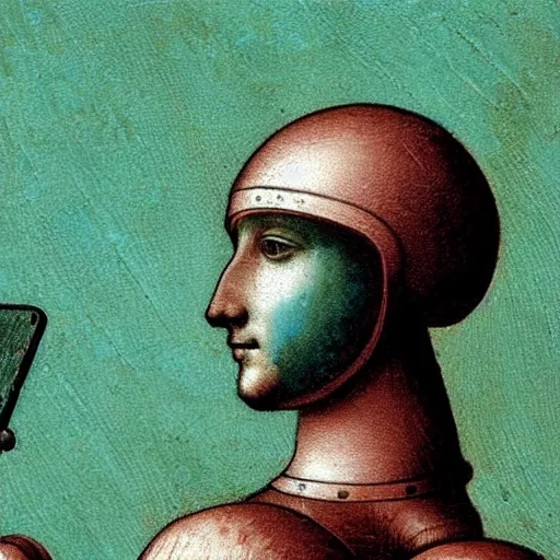 Prompt: a robot with teal hair holding a phone in ancient rome, painting by leonardo da vinci