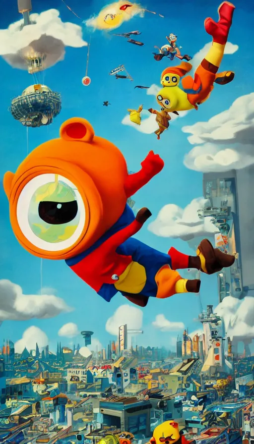 Image similar to giant pororo attacking city, flying socks, 1 9 5 0 s science fiction poster, retrofuturism, atompunk, behance, trending on artstation