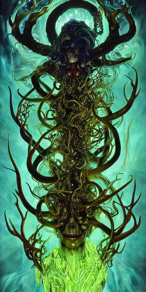 Image similar to intense glowing pagan fungus god with antlers and tentacles and intense glowing eyes and a mossy skull in very dark cosmic space by karol bak and artgerm and alphonse mucha, portrait, fantasy, clear, light beams, lens flare, intense, uhd, amazing depth, cinematic lighting, deep green and black and shining gold