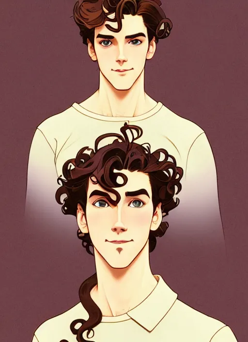 Image similar to art nouveau portrait of a handsome young man with curly medium length very messy light brown hair, brown eyes, aloof, serious expression, t - shirt, natural lighting, path traced, highly detailed, high quality, cartoon, digital painting, by don bluth and ross tran and studio ghibli and alphonse mucha