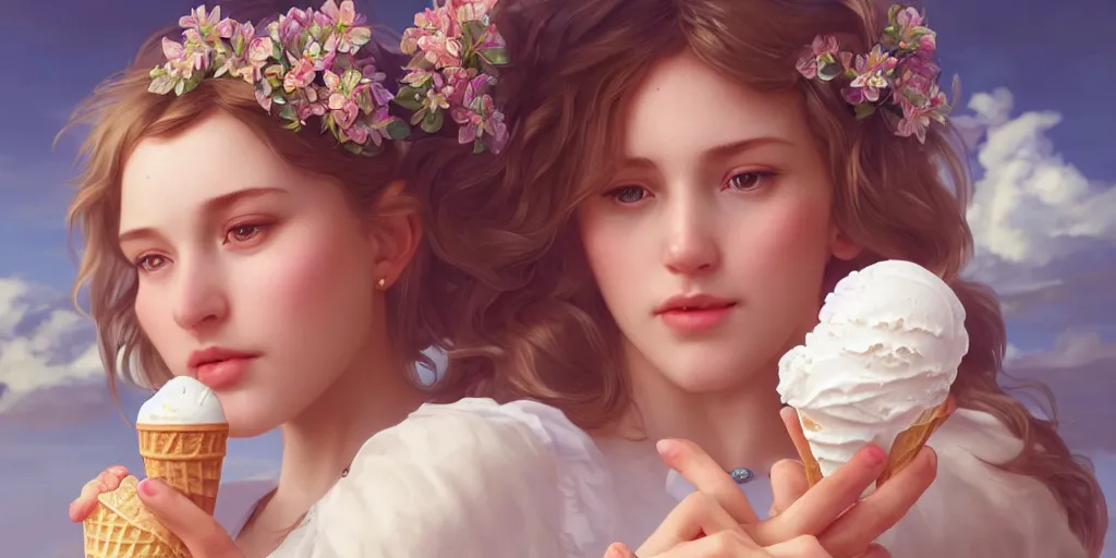 Image similar to a girl with an ice cream cone on hands with a white fluffy cloud in it, realistic 4 k octane cycles beautifully detailed render, 4 k, deep focus, intricate, elegant, highly detailed, photorealistic rendering, sharp focus, illustration, hearthstone, art by artgerm and alphonse mucha