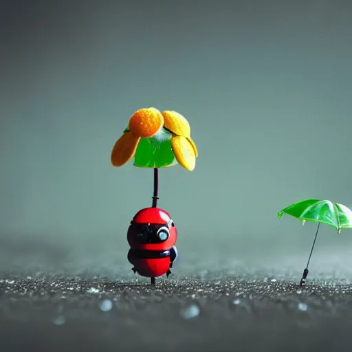 Image similar to a cute tiny robot holds a big flower up like an umbrella, a ladybug is beside the robot, raining, award winning macro photography, kodachrome, dramatic lighting