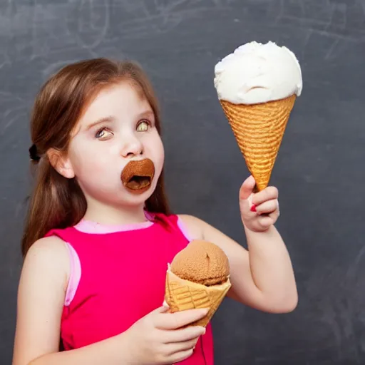 Image similar to young bemused girl wearing skirt and eating an ice cream cone.