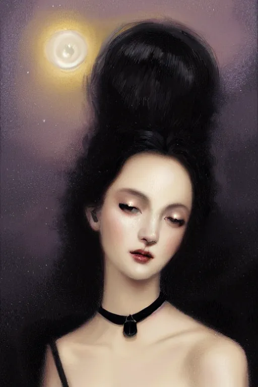 Image similar to Nocturne, glowing, stars, a long-legged elegant sultry woman, long black hair with white tips, pearl choker, highly detailed, mysterious, ethereal, dressed in black velvet, haute couture, illustration, dramatic lighting, soft details, painting, by Edmund Blair Leighton, Brom, Charlie Bowater, trending on artstation, faces by otto schmidt