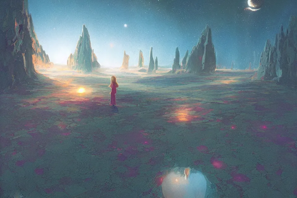 Prompt: atmospheric painting of a giant star garden, a young girl stands in, by moebius and john harris, atmospheric, concept art, saturation 8