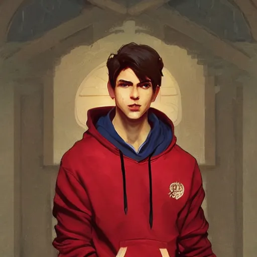 Image similar to a preppy magic student boy wearing a red hoodie, d & d, fantasy, intricate, cinematic lighting, highly detailed, digital painting, artstation, concept art, smooth, sharp focus, illustration, art by artgerm and greg rutkowski and alphonse mucha