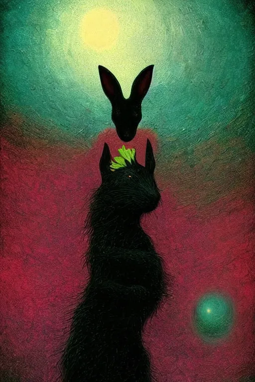 Prompt: surreal, evil black rabbits, fantasy, fairytale, magic realism flowerpunk, mysterious, vivid colors, by andy kehoe